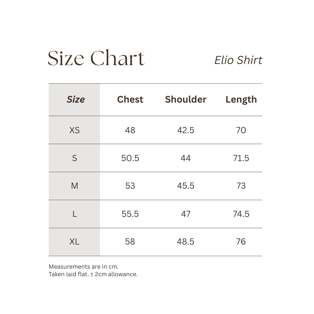 Size chart for Elio Shirt with measurements for chest, shoulder and length