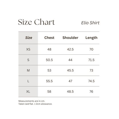 Size chart for Elio Shirt with measurements for chest, shoulder and length