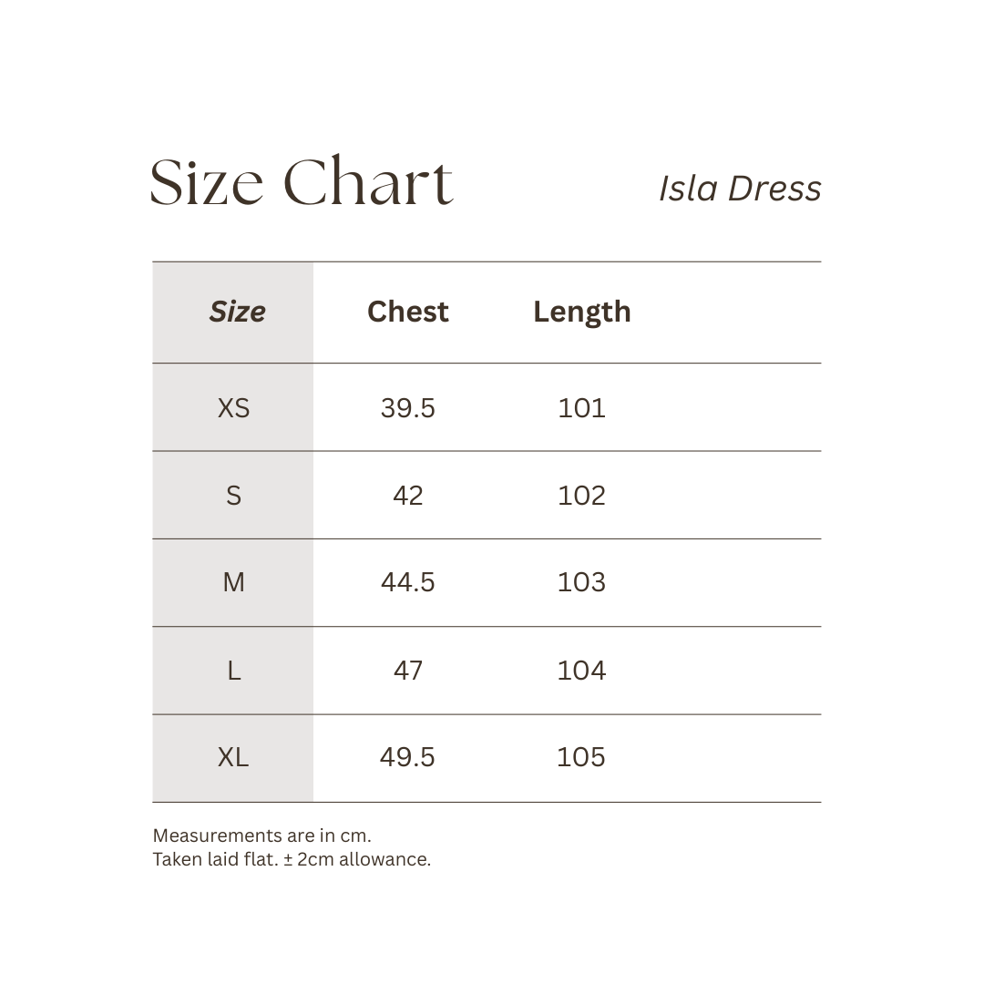Size chart for Isla Dress with chest and length measurements.