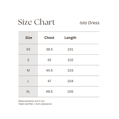 Size chart for Isla Dress with chest and length measurements.