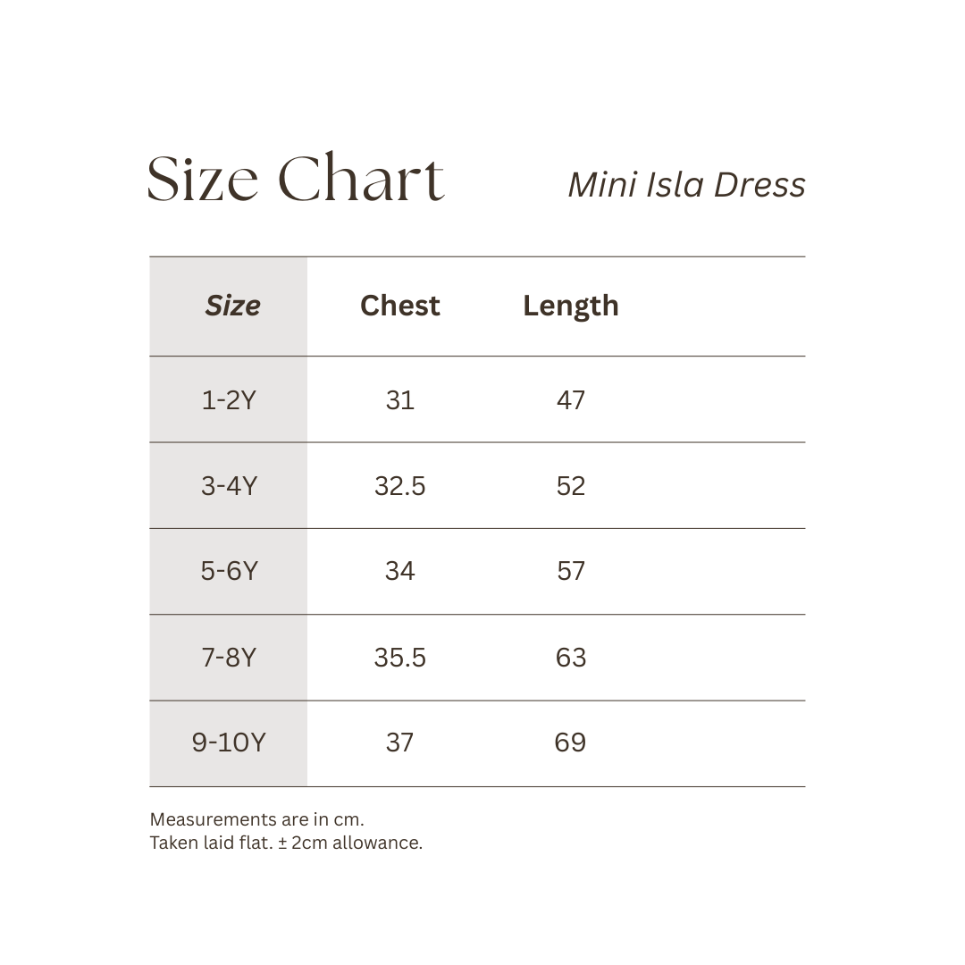 Size chart for Mini Isla Dress with chest and length measurements.