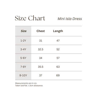 Size chart for Mini Isla Dress with chest and length measurements.