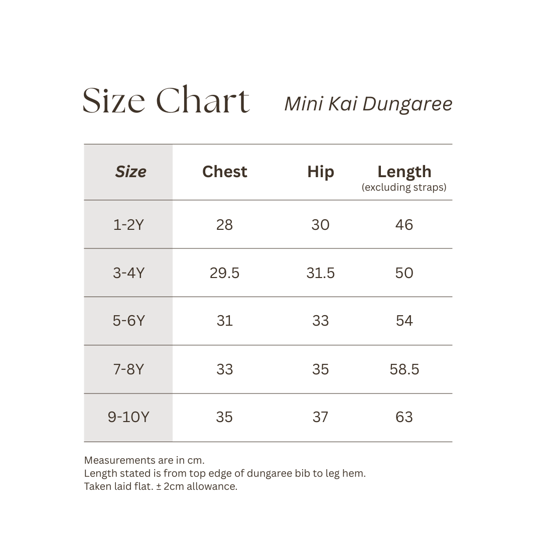 Size Chart for Mini Kai Kids Linen  Dungaree