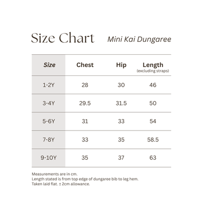 Size Chart for Mini Kai Kids Linen  Dungaree
