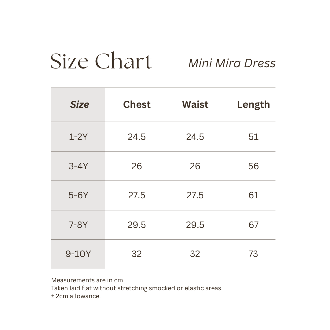 Size chart for Mini Mira Dress with measurements for chest, waist & length