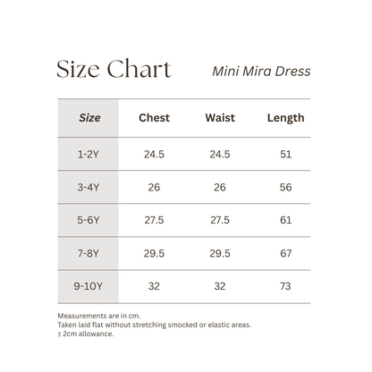 Size chart for Mini Mira Dress with measurements for chest, waist & length