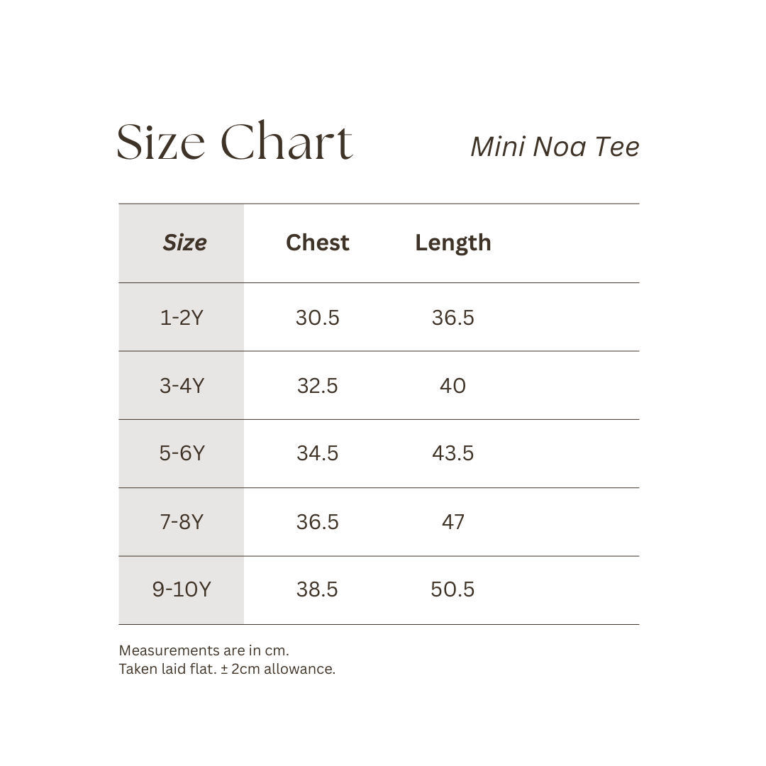 Size chart of mini noa tee showing measurements of chest and length