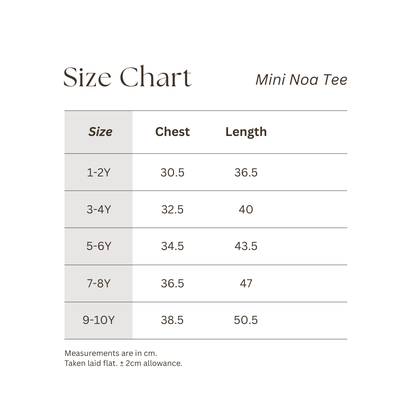 Size chart of mini noa tee showing measurements of chest and length