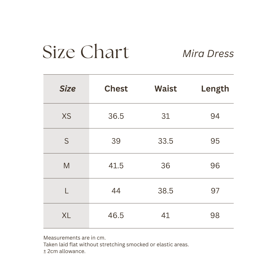 Size chart for Mira Dress with measurements for chest, waist and length