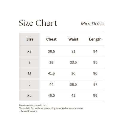 Size chart for Mira Dress with measurements for chest, waist and length