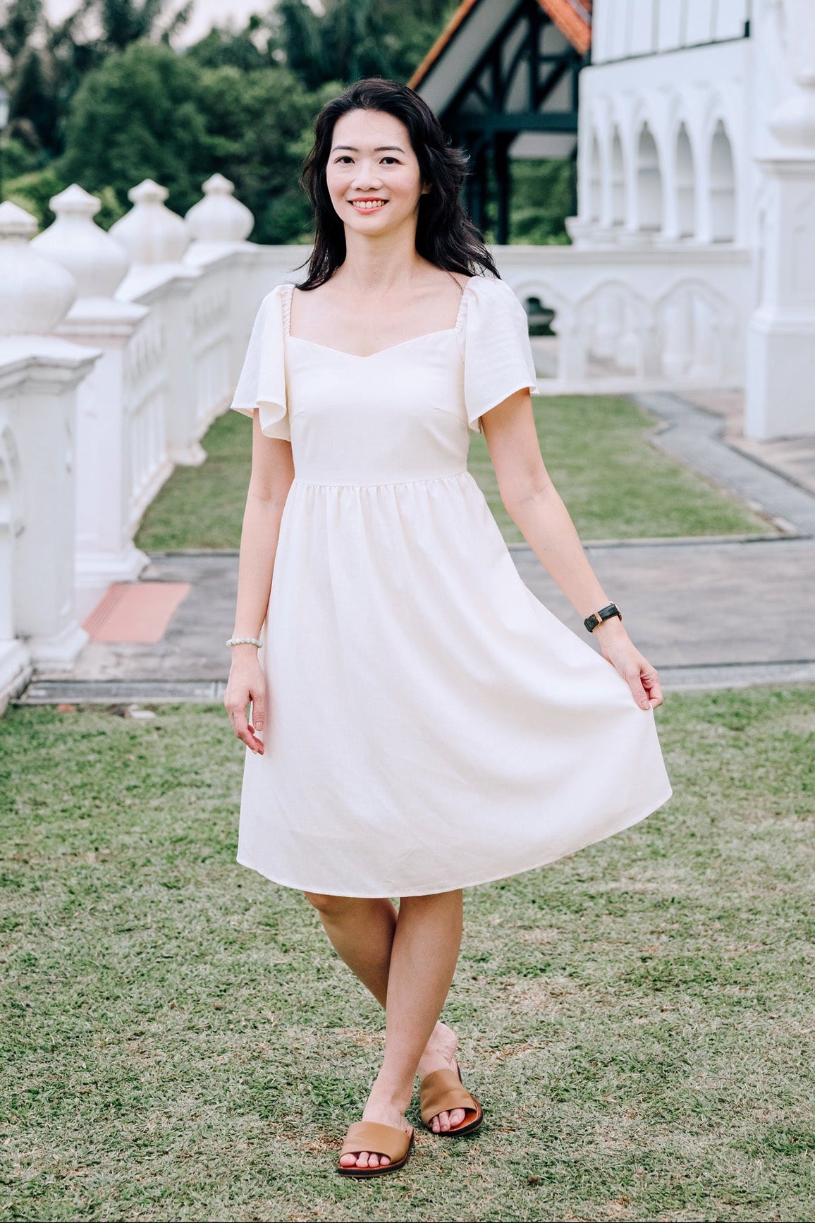 Linen cotton A-Line dress with ruffle sleeve & smocked back in sand for women, family/couple matching available