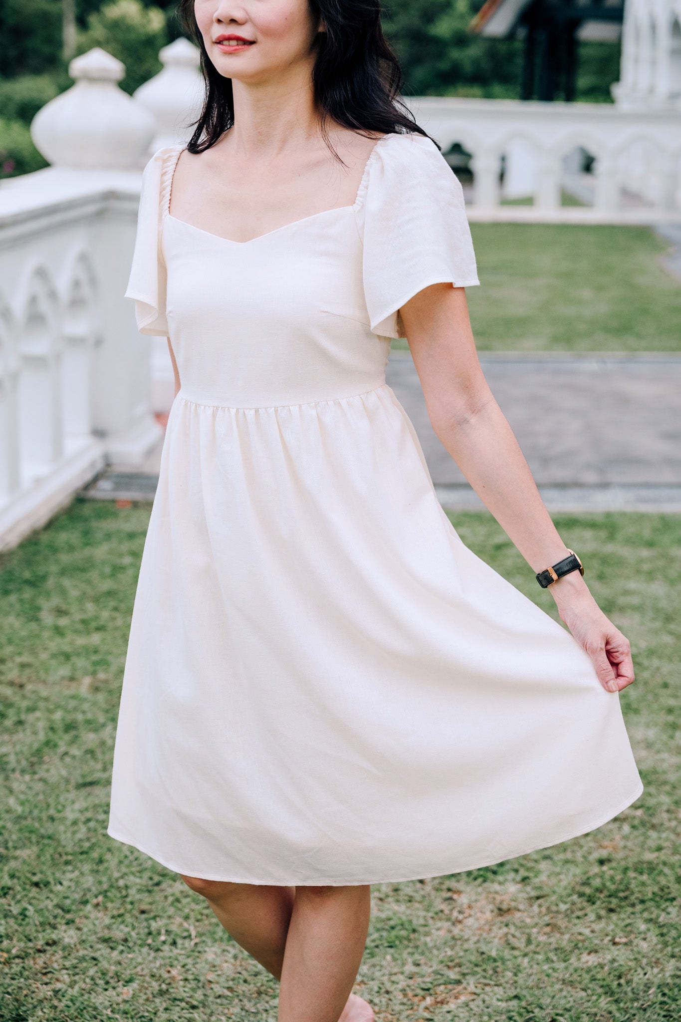 SAND Mira A-Line Dress with smocked back and ruffle sleeves in sand for women, family/couple matching available