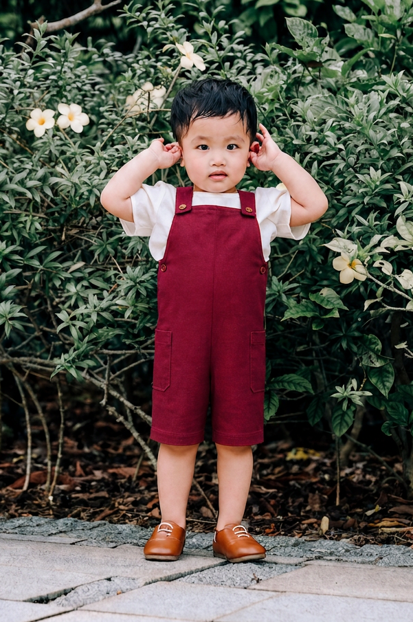 A toddler wearing burgundy linen overalls over a white short-sleeve shirt and brown shoes.