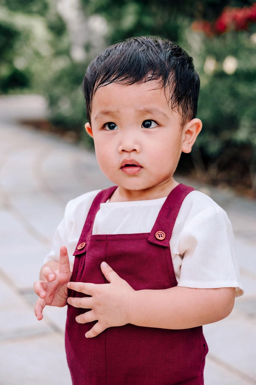 Boy wearing burgundy linen dungaree with sand beige tee